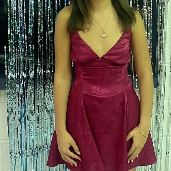 lucy in the sky burgundy dress Satin Square Neck Maxi Dress in Maroon
